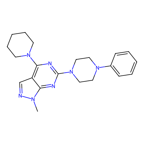 1-methyl-6-(4-phenylpiperazin-1-yl)-4-(piperidin-1-yl)-1H-pyrazolo[3,4-d]pyrimidine structure