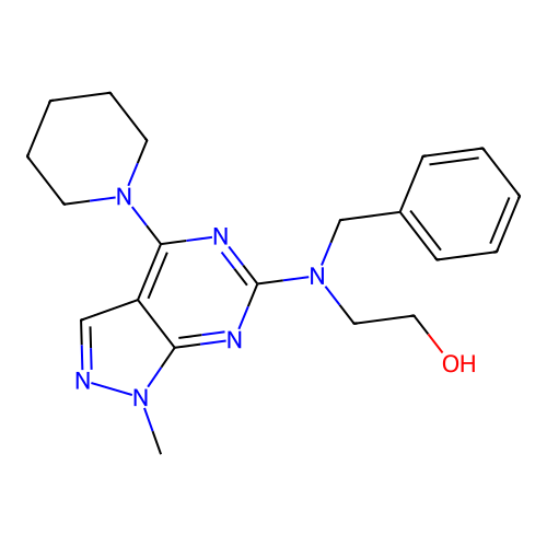 2-(benzyl(1-methyl-4-(piperidin-1-yl)-1H-pyrazolo[3,4-d]pyrimidin-6-yl)amino)ethanol structure
