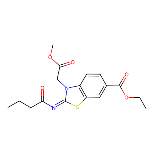 Ethyl 2-butanoylimino-3-(2-methoxy-2-oxoethyl)-1,3-benzothiazole-6-carboxylate structure