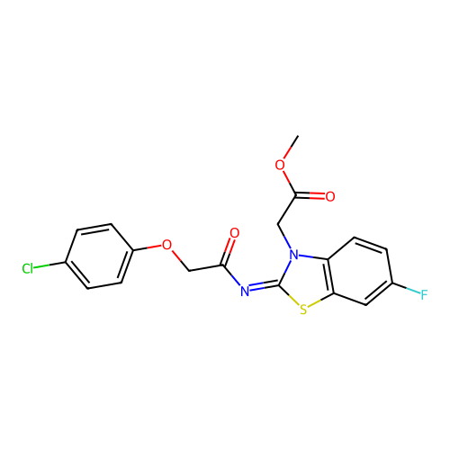 (Z)-methyl 2-(2-((2-(4-chlorophenoxy)acetyl)imino)-6-fluorobenzo[d]thiazol-3(2H)-yl)acetate structure