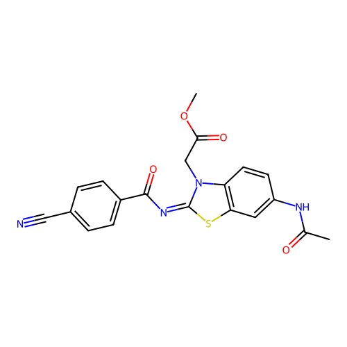 Methyl 2-[6-acetamido-2-(4-cyanobenzoyl)imino-1,3-benzothiazol-3-yl]acetate structure