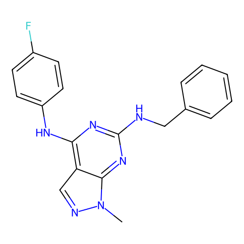 N6-benzyl-N4-(4-fluorophenyl)-1-methyl-1H-pyrazolo[3,4-d]pyrimidine-4,6-diamine structure