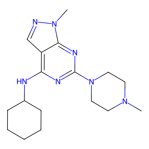 N-cyclohexyl-1-methyl-6-(4-methylpiperazin-1-yl)-1H-pyrazolo[3,4-d]pyrimidin-4-amine structure