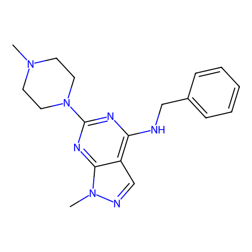 N-benzyl-1-methyl-6-(4-methylpiperazin-1-yl)-1H-pyrazolo[3,4-d]pyrimidin-4-amine structure
