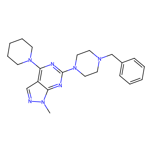 6-(4-benzylpiperazin-1-yl)-1-methyl-4-(piperidin-1-yl)-1H-pyrazolo[3,4-d]pyrimidine structure
