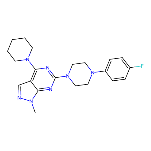 6-(4-(4-fluorophenyl)piperazin-1-yl)-1-methyl-4-(piperidin-1-yl)-1H-pyrazolo[3,4-d]pyrimidine structure