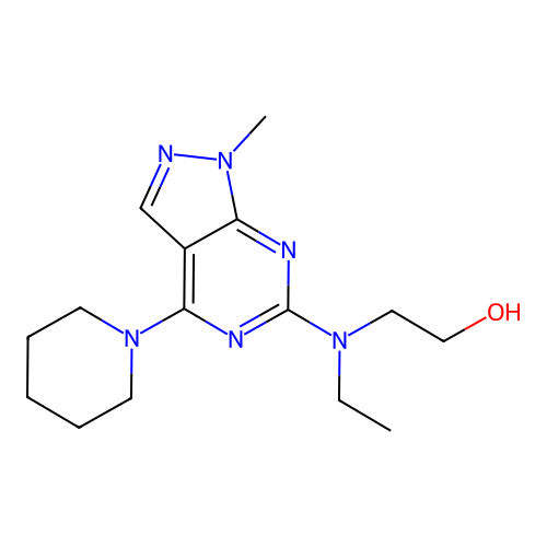 2-(ethyl(1-methyl-4-(piperidin-1-yl)-1H-pyrazolo[3,4-d]pyrimidin-6-yl)amino)ethanol structure