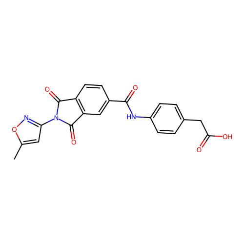 2-(4-(2-(5-methylisoxazol-3-yl)-1,3-dioxoisoindoline-5-carboxamido)phenyl)acetic acid structure