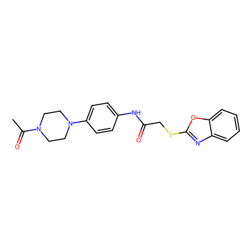 N-[4-(4-acetylpiperazin-1-yl)phenyl]-2-(1,3-benzoxazol-2-ylsulfanyl)acetamide structure