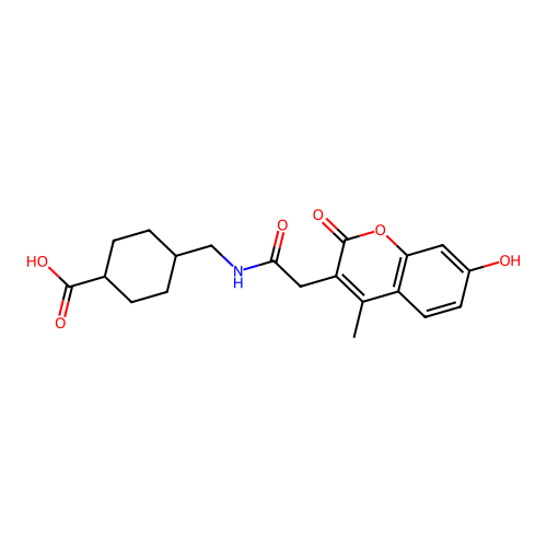 (1s,4s)-4-((2-(7-hydroxy-4-methyl-2-oxo-2H-chromen-3-yl)acetamido)methyl)cyclohexanecarboxylic acid structure