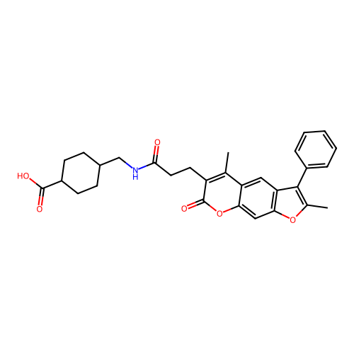 (1s,4s)-4-((3-(2,5-dimethyl-7-oxo-3-phenyl-7H-furo[3,2-g]chromen-6-yl)propanamido)methyl)cyclohexanecarboxylic acid structure