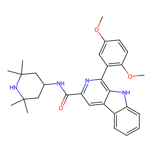 1-(2,5-dimethoxyphenyl)-N-(2,2,6,6-tetramethylpiperidin-4-yl)-9H-pyrido[3,4-b]indole-3-carboxamide structure
