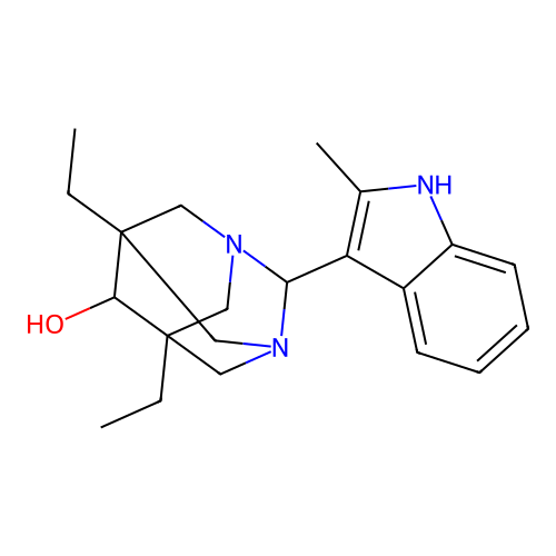 (1r,5R,7S)-5,7-diethyl-2-(2-methyl-1H-indol-3-yl)-1,3-diazaadamantan-6-ol structure