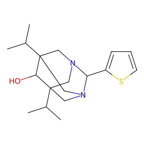 (1r,5R,7S)-5,7-diisopropyl-2-(thiophen-2-yl)-1,3-diazaadamantan-6-ol structure