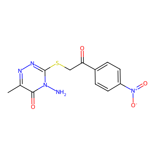 4-Amino-6-methyl-3-[2-(4-nitrophenyl)-2-oxoethyl]sulfanyl-1,2,4-triazin-5-one structure