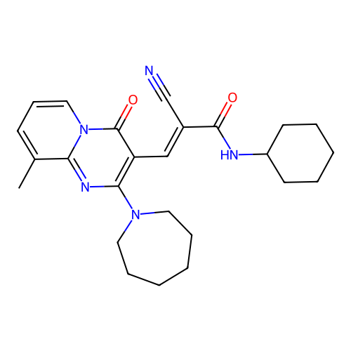 (2E)-3-[2-(azepan-1-yl)-9-methyl-4-oxo-4H-pyrido[1,2-a]pyrimidin-3-yl]-2-cyano-N-cyclohexylprop-2-enamide structure