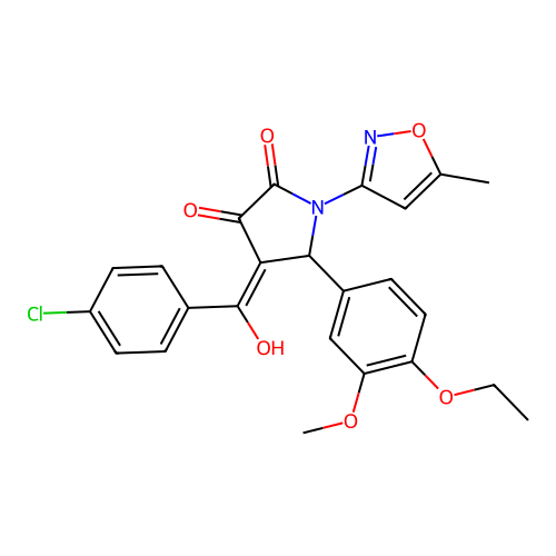 (4E)-4-[(4-chlorophenyl)(hydroxy)methylidene]-5-(4-ethoxy-3-methoxyphenyl)-1-(5-methyl-1,2-oxazol-3-yl)pyrrolidine-2,3-dione structure