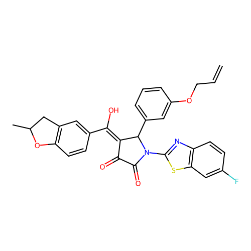 (4E)-1-(6-fluoro-1,3-benzothiazol-2-yl)-4-[hydroxy(2-methyl-2,3-dihydro-1-benzofuran-5-yl)methylidene]-5-[3-(prop-2-en-1-yloxy)phenyl]pyrrolidine-2,3-dione structure