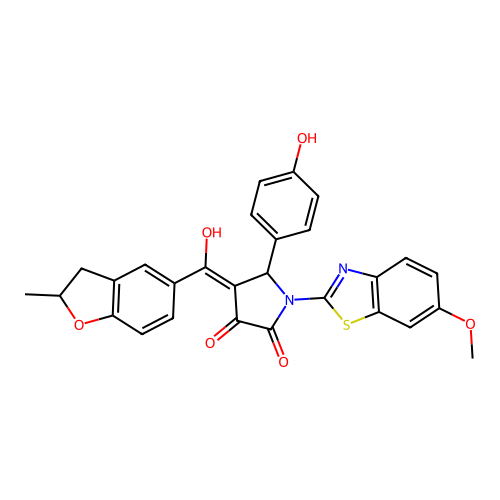 (4E)-4-[hydroxy(2-methyl-2,3-dihydro-1-benzofuran-5-yl)methylidene]-5-(4-hydroxyphenyl)-1-(6-methoxy-1,3-benzothiazol-2-yl)pyrrolidine-2,3-dione structure