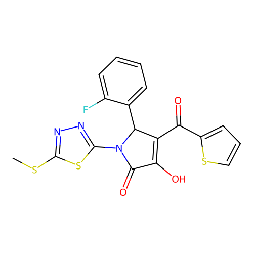 (4E)-5-(2-fluorophenyl)-4-[hydroxy(thiophen-2-yl)methylidene]-1-[5-(methylsulfanyl)-1,3,4-thiadiazol-2-yl]pyrrolidine-2,3-dione structure