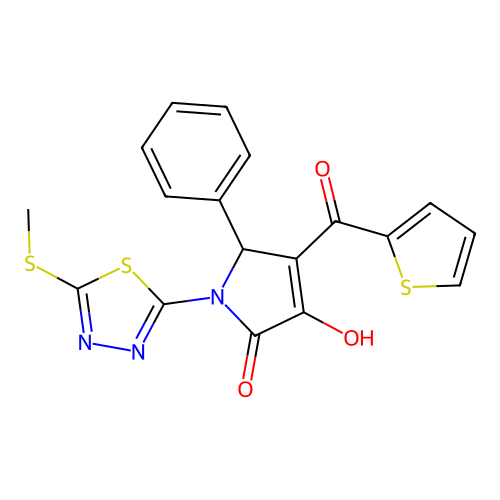 (4E)-4-[hydroxy(thiophen-2-yl)methylidene]-1-[5-(methylsulfanyl)-1,3,4-thiadiazol-2-yl]-5-phenylpyrrolidine-2,3-dione structure
