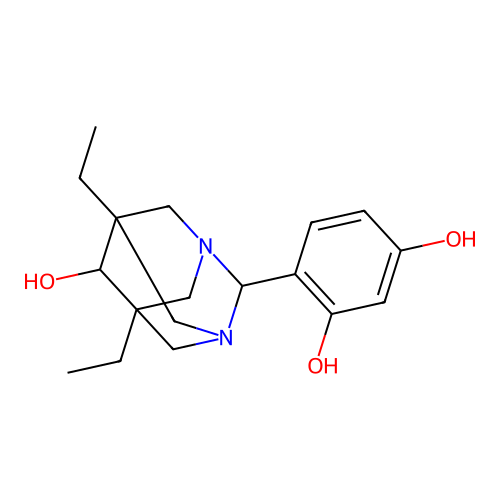 4-((1r,5R,7S)-5,7-diethyl-6-hydroxy-1,3-diazaadamantan-2-yl)benzene-1,3-diol structure