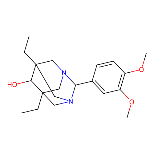 (1r,5R,7S)-2-(3,4-dimethoxyphenyl)-5,7-diethyl-1,3-diazaadamantan-6-ol structure