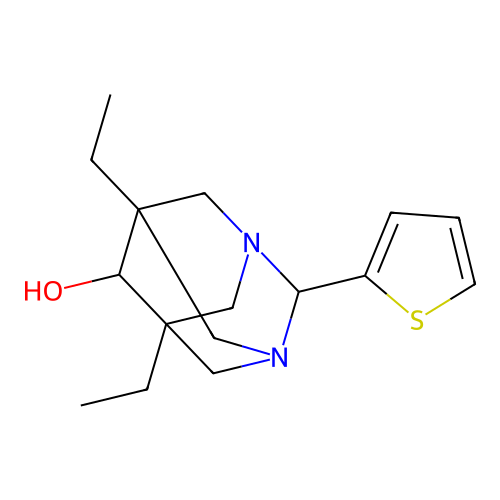 (1r,5R,7S)-5,7-diethyl-2-(thiophen-2-yl)-1,3-diazaadamantan-6-ol structure