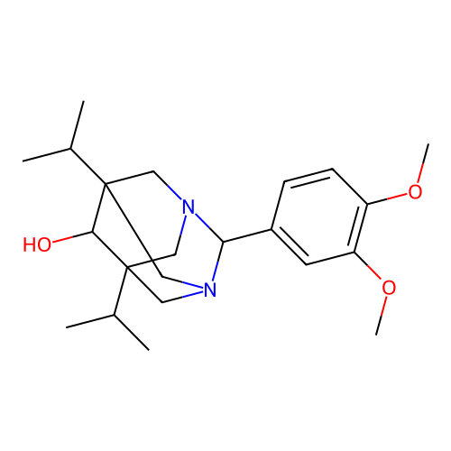 (1r,5R,7S)-2-(3,4-dimethoxyphenyl)-5,7-diisopropyl-1,3-diazaadamantan-6-ol structure