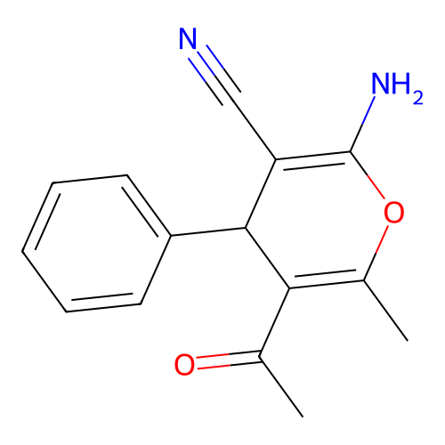 5-acetyl-2-amino-6-methyl-4-phenyl-4H-pyran-3-carbonitrile structure