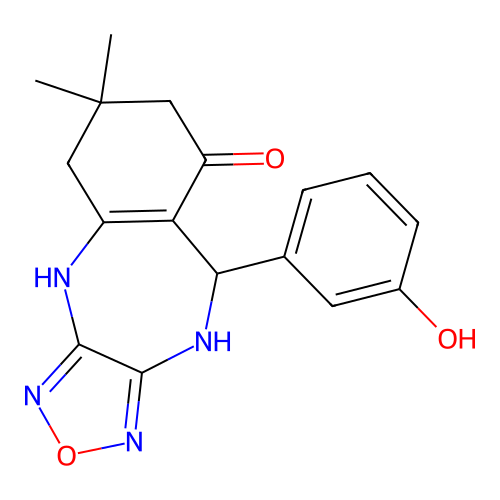 9-(3-hydroxyphenyl)-6,6-dimethyl-6,7,9,10-tetrahydro-4H-benzo[e][1,2,5]oxadiazolo[3,4-b][1,4]diazepin-8(5H)-one structure