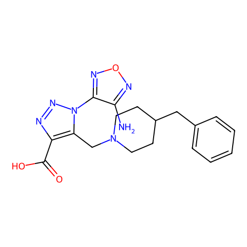1-(4-amino-1,2,5-oxadiazol-3-yl)-5-((4-benzylpiperidin-1-yl)methyl)-1H-1,2,3-triazole-4-carboxylic acid structure