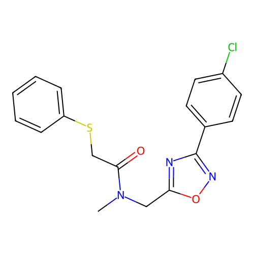 N-[[3-(4-chlorophenyl)-1,2,4-oxadiazol-5-yl]methyl]-N-methyl-2-phenylsulfanylacetamide structure