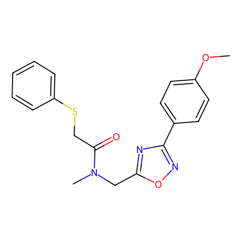 N-[[3-(4-methoxyphenyl)-1,2,4-oxadiazol-5-yl]methyl]-N-methyl-2-phenylsulfanylacetamide structure