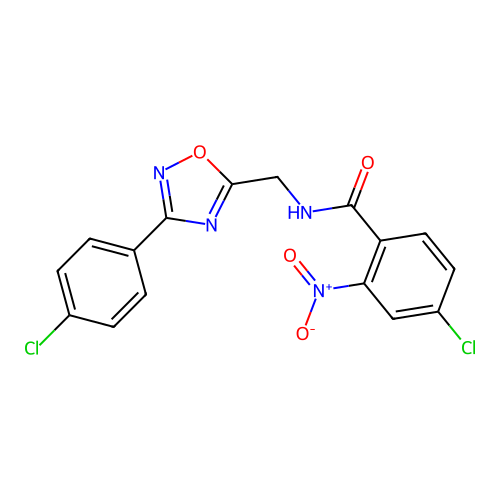 4-chloro-N-((3-(4-chlorophenyl)-1,2,4-oxadiazol-5-yl)methyl)-2-nitrobenzamide structure
