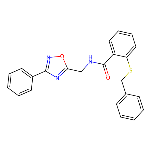 2-(benzylsulfanyl)-N-[(3-phenyl-1,2,4-oxadiazol-5-yl)methyl]benzamide structure