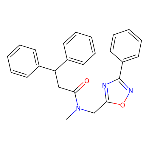 N-methyl-3,3-diphenyl-N-[(3-phenyl-1,2,4-oxadiazol-5-yl)methyl]propanamide structure