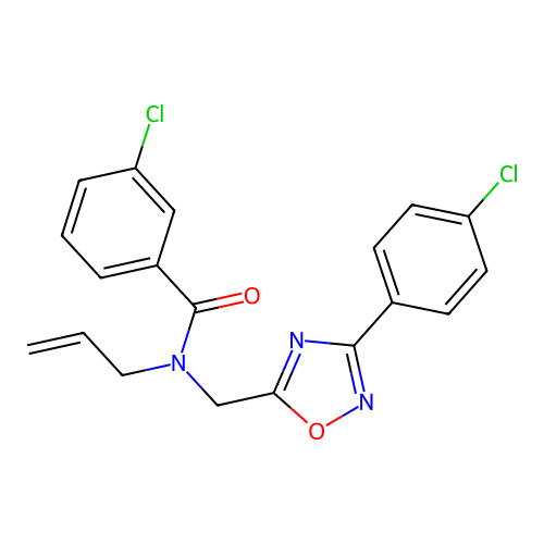 3-chloro-N-{[3-(4-chlorophenyl)-1,2,4-oxadiazol-5-yl]methyl}-N-(prop-2-en-1-yl)benzamide structure