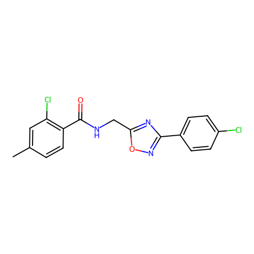 2-chloro-N-[[3-(4-chlorophenyl)-1,2,4-oxadiazol-5-yl]methyl]-4-methylbenzamide structure