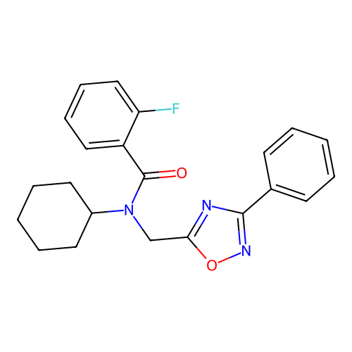 N-cyclohexyl-2-fluoro-N-[(3-phenyl-1,2,4-oxadiazol-5-yl)methyl]benzamide structure