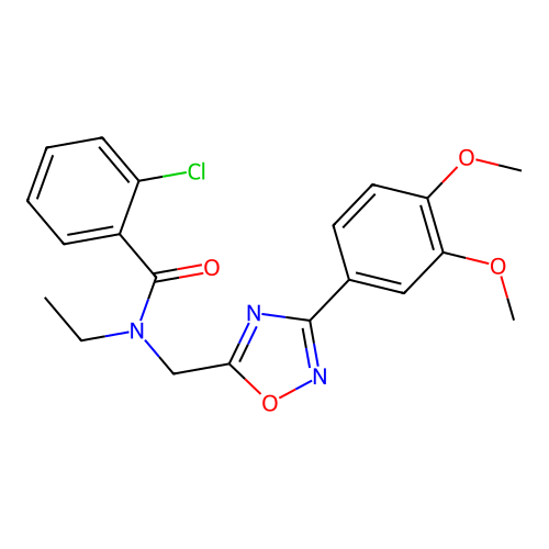 2-chloro-N-((3-(3,4-dimethoxyphenyl)-1,2,4-oxadiazol-5-yl)methyl)-N-ethylbenzamide structure