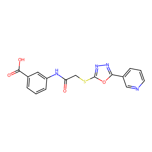 3-[({[5-(Pyridin-3-yl)-1,3,4-oxadiazol-2-yl]sulfanyl}acetyl)amino]benzoic acid structure