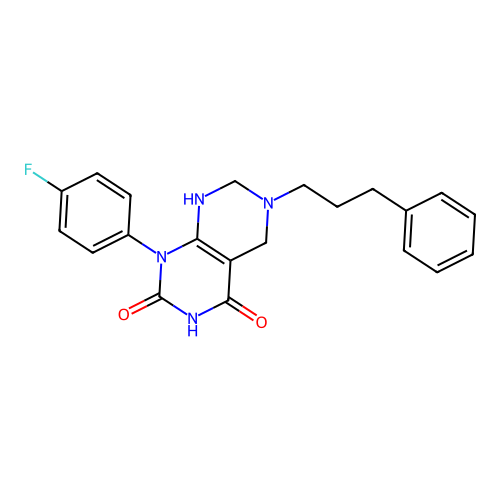 1-(4-fluorophenyl)-6-(3-phenylpropyl)-7,8-dihydro-5H-pyrimido[4,5-d]pyrimidine-2,4-dione structure