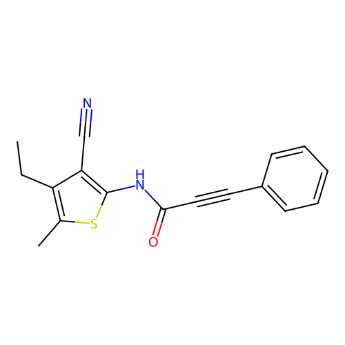 N-(3-cyano-4-ethyl-5-methylthiophen-2-yl)-3-phenylprop-2-ynamide structure