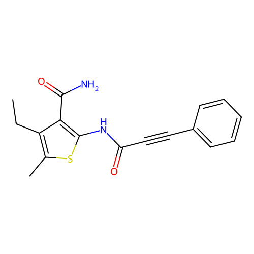 4-Ethyl-5-methyl-2-(3-phenylprop-2-ynoylamino)thiophene-3-carboxamide structure