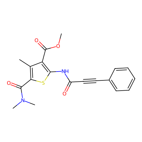 Methyl 5-(dimethylcarbamoyl)-4-methyl-2-(3-phenylprop-2-ynoylamino)thiophene-3-carboxylate structure