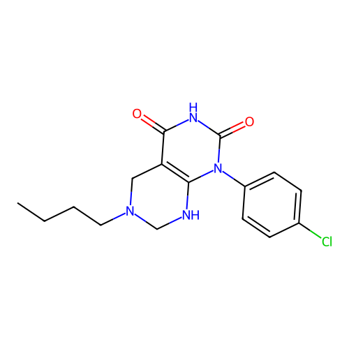 6-butyl-1-(4-chlorophenyl)-5,6,7,8-tetrahydropyrimido[4,5-d]pyrimidine-2,4(1H,3H)-dione structure
