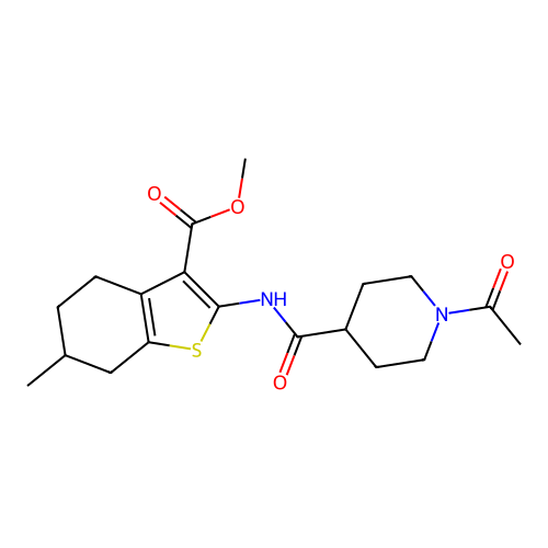 methyl 2-(1-acetylpiperidine-4-carboxamido)-6-methyl-4,5,6,7-tetrahydrobenzo[b]thiophene-3-carboxylate structure