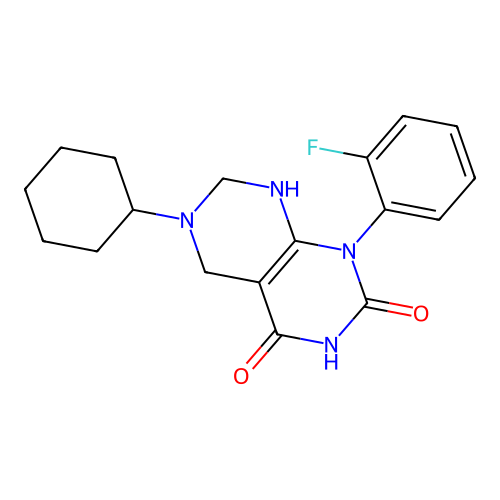 6-cyclohexyl-1-(2-fluorophenyl)-2-hydroxy-5,6,7,8-tetrahydropyrimido[4,5-d]pyrimidin-4(1H)-one structure