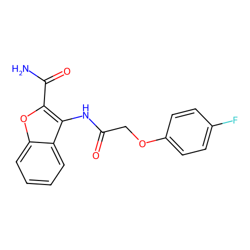 3-(2-(4-Fluorophenoxy)acetamido)benzofuran-2-carboxamide structure